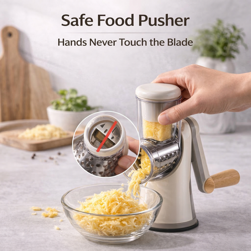 🧀 Rotary Cheese Grater with Suction Base - 3 Interchangeable Drum Blades for Vegetable Slicing & Nut Grinding