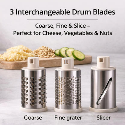 🧀 Rotary Cheese Grater with Suction Base - 3 Interchangeable Drum Blades for Vegetable Slicing & Nut Grinding