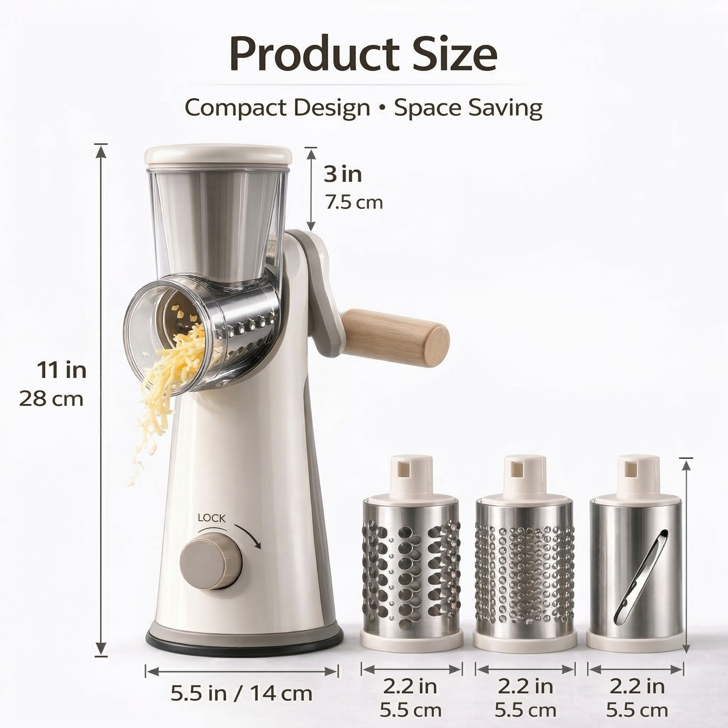 🧀 Rotary Cheese Grater with Suction Base - 3 Interchangeable Drum Blades for Vegetable Slicing & Nut Grinding