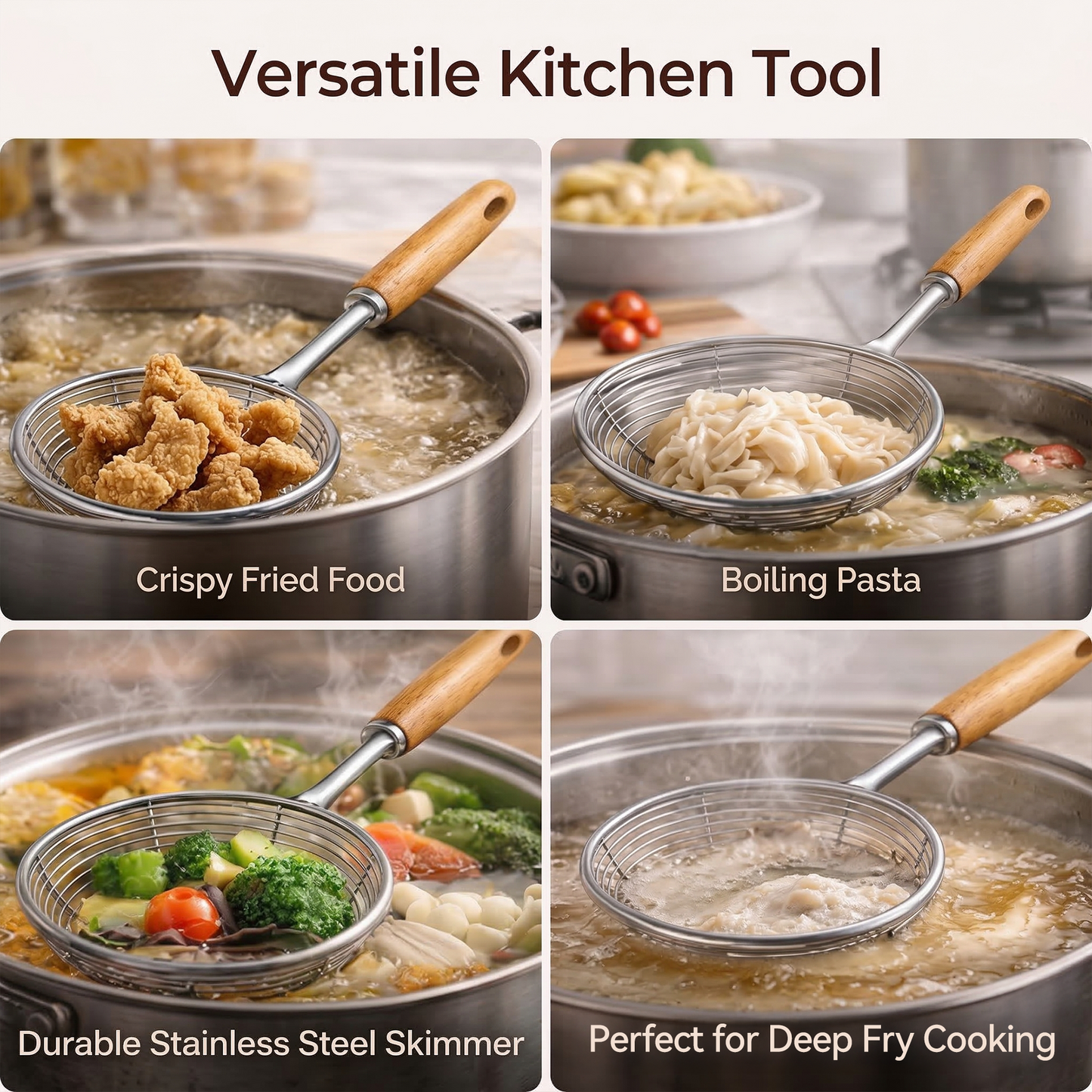 5.5" Stainless Steel Spider Skimmer Ladle - Frying Strainer with Heat-Resistant Wooden Handle