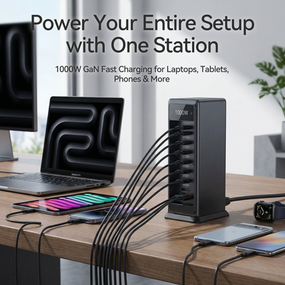 1000W GaN Charging Station - 10-Port Multi-Device USB-C Fast Charger Hub