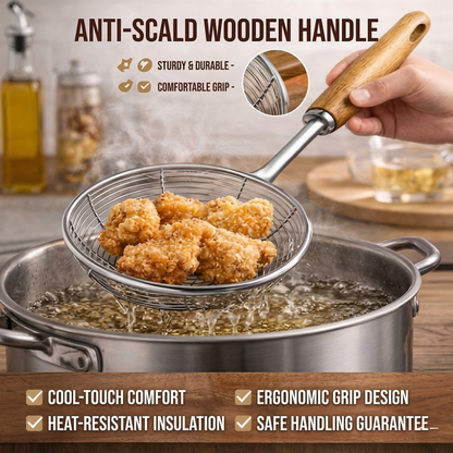 5.5" Stainless Steel Spider Skimmer Ladle - Frying Strainer with Heat-Resistant Wooden Handle