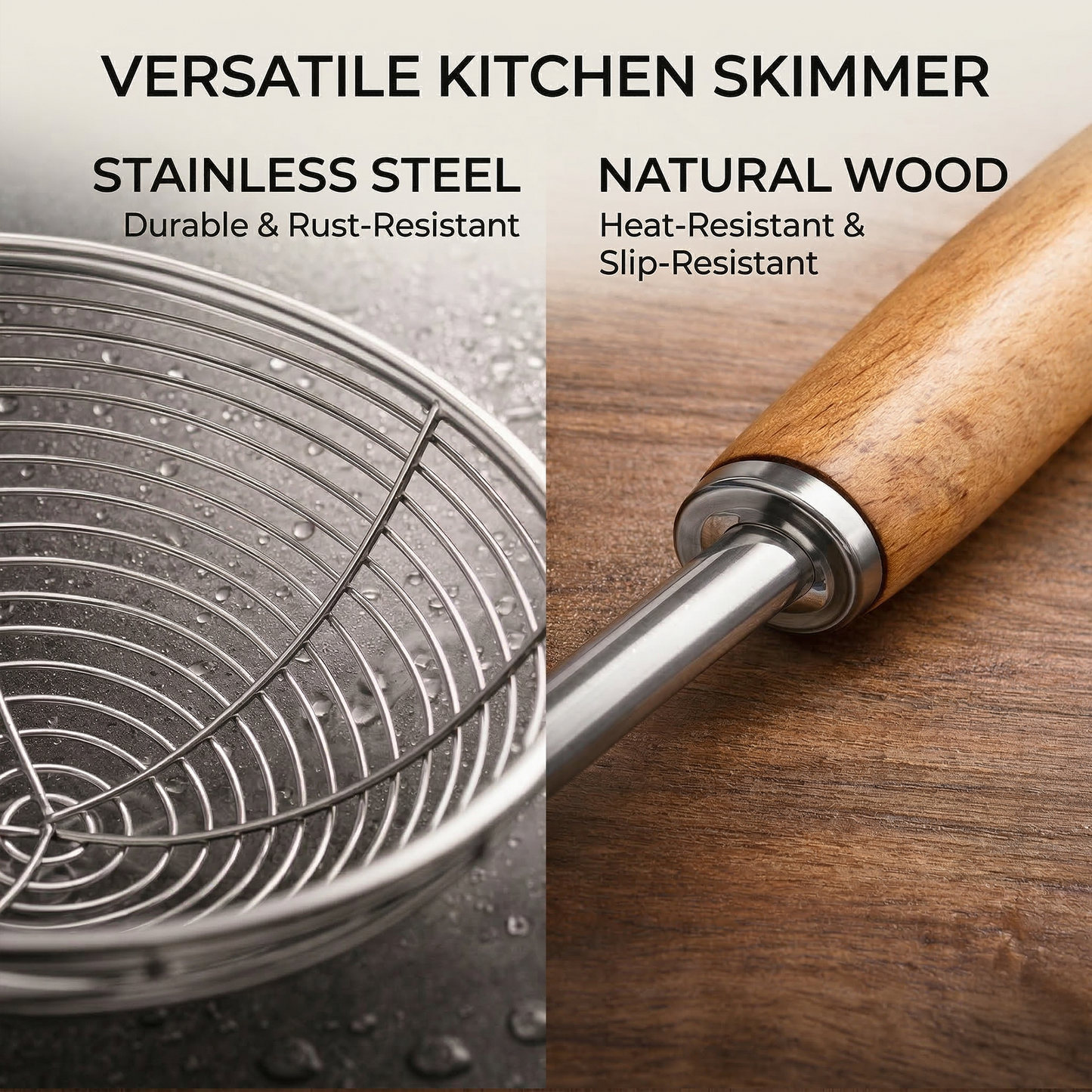 5.5" Stainless Steel Spider Skimmer Ladle - Frying Strainer with Heat-Resistant Wooden Handle