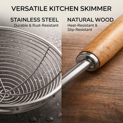 5.5" Stainless Steel Spider Skimmer Ladle - Frying Strainer with Heat-Resistant Wooden Handle