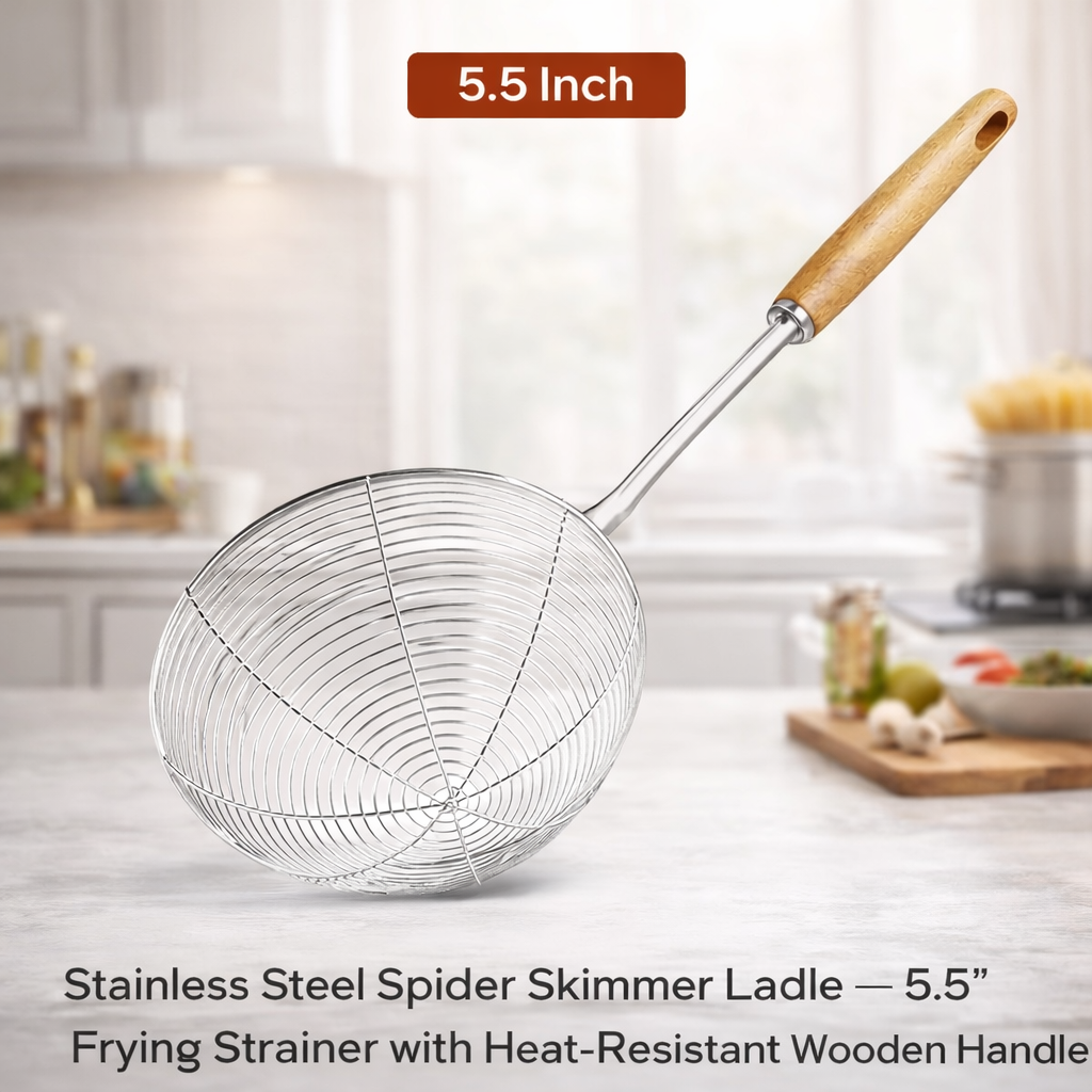 5.5" Stainless Steel Spider Skimmer Ladle - Frying Strainer with Heat-Resistant Wooden Handle