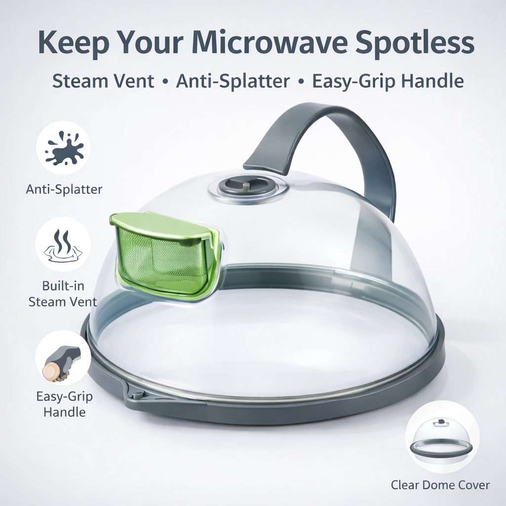 Microwave Splatter Cover with Steam Vents & Easy-Grip Handle - BPA-Free Clear Food Lid